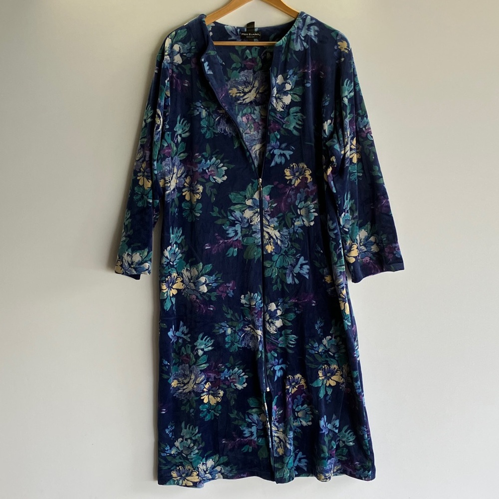 MISS ELAINE Floral Blue Long Sleeve Woolen Fleece Dress/Gown 54-55’’